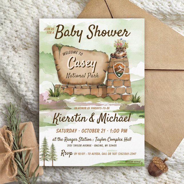 Convite Chá de Bebê Floresta Fofa Parque Nacional Aquarela (Watercolor National Park Cute Woodland Camping Hiking Gender Neutral Baby Boy Girl Shower Invitation)