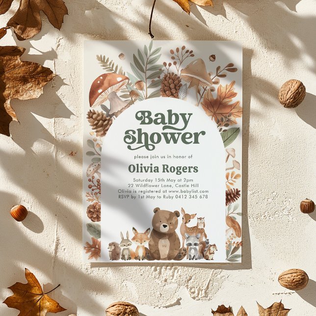 Convite Chá de Bebê Floresta Fox Deer Urso Neutro (Woodland Baby Shower Invitation featuring cute Forest animals. Baby Boy orGender Neutral Baby Shower)