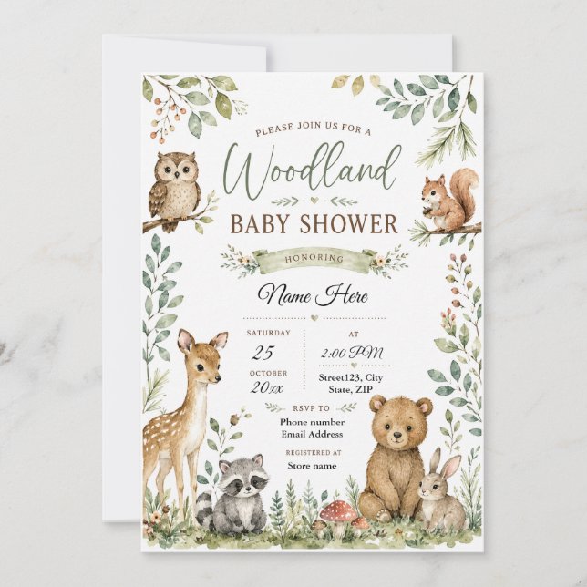 Convite Chá de Bebê Floresta Personalizado | Animais da Fl (Frente)