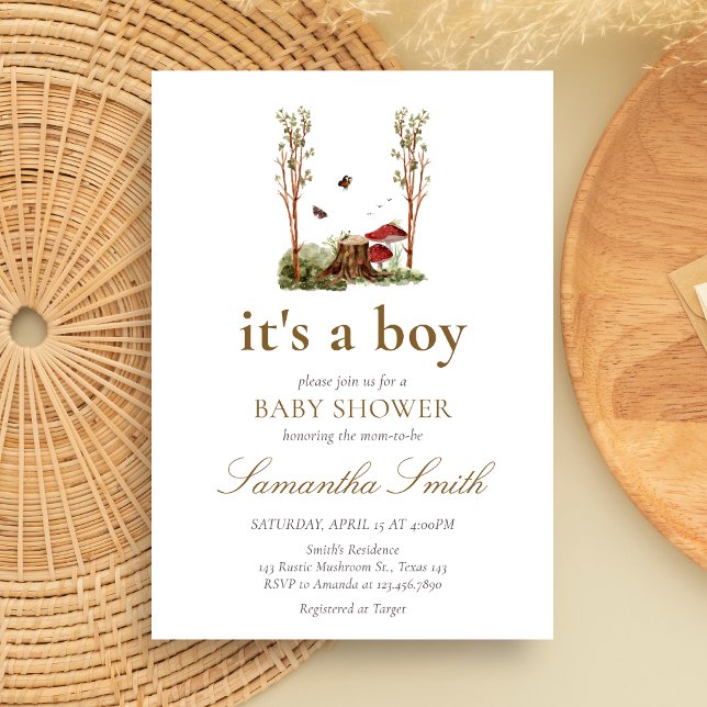 Convite Chá de Bebê Floresta Rústica de Cogumelos (Mushroom Rustic Woodland Baby Shower Invitation)