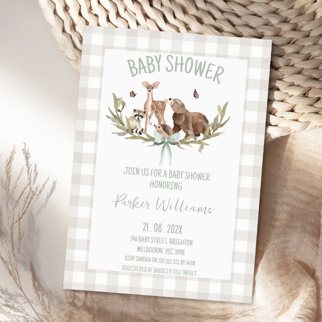 Convite Chá de Bebê Floresta Xadrez Bege Rústico (Gender Neutral Woodland Baby Shower Invitation Template, Woodland Animals Baby Shower Invitations)