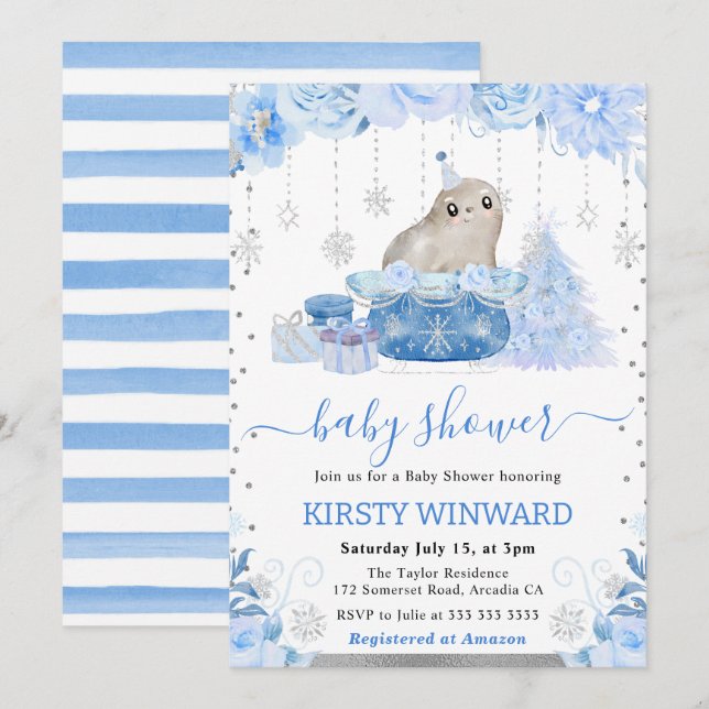 Convite Chá de Bebê Foca Ártica com Aquarela Floral (Frente/Verso)