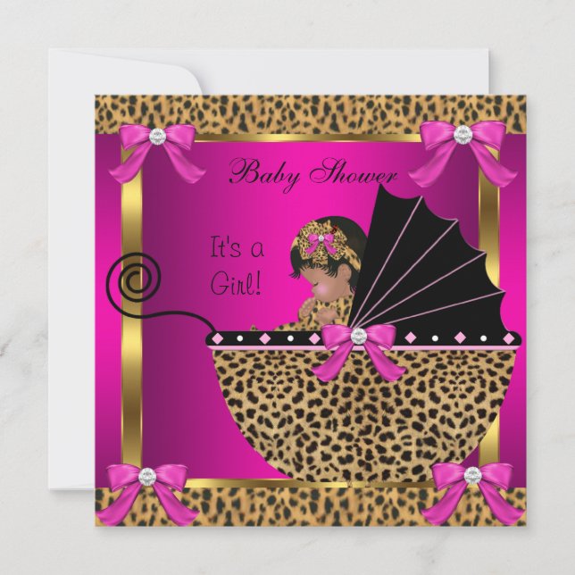 Convite Chá de Bebê Fofa Menina Leopardo Rosa Dourado (Frente)
