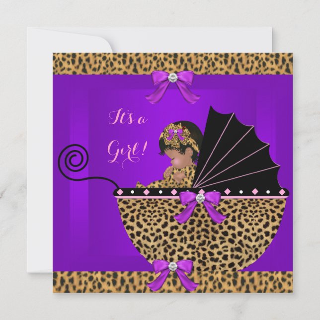 Convite Chá de Bebê Fofa Menina Leopardo Roxo (Frente)