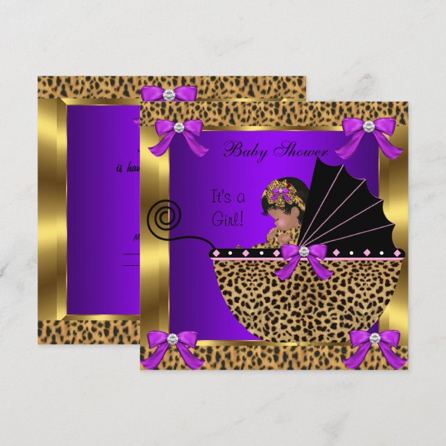 Convite Chá de Bebê Fofa Menina Leopardo Roxo Dourado (Frente/Verso)