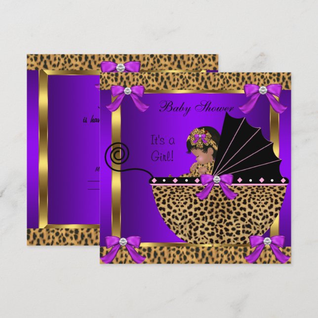Convite Chá de Bebê Fofa Menina Leopardo Roxo Rosa (Frente/Verso)