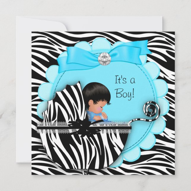 Convite Chá de Bebê Fofinho Bebê Menino Azul Zebra Carrinh (Frente)