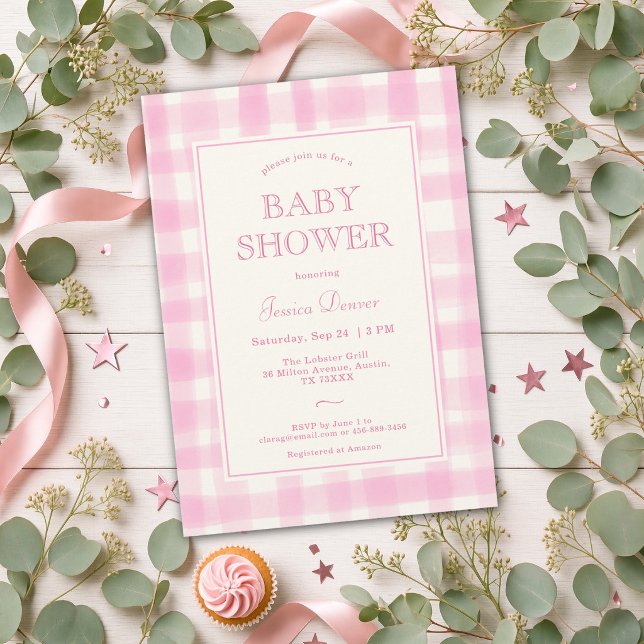 Convite Chá de Bebê Fofo Clássico em Xadrez Rosa (Cute Classic Pink Gingham Baby Shower Invitation)