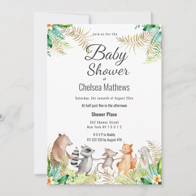 Convite Chá de Bebê Fofo Dourado Verde Marrom Floral Anima (Frente)