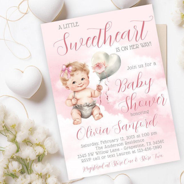 Convite Chá de Bebê Fofo e Doce (Adorable little sweetheart baby shower invitation with cute baby girl with heart balloon and clouds.)