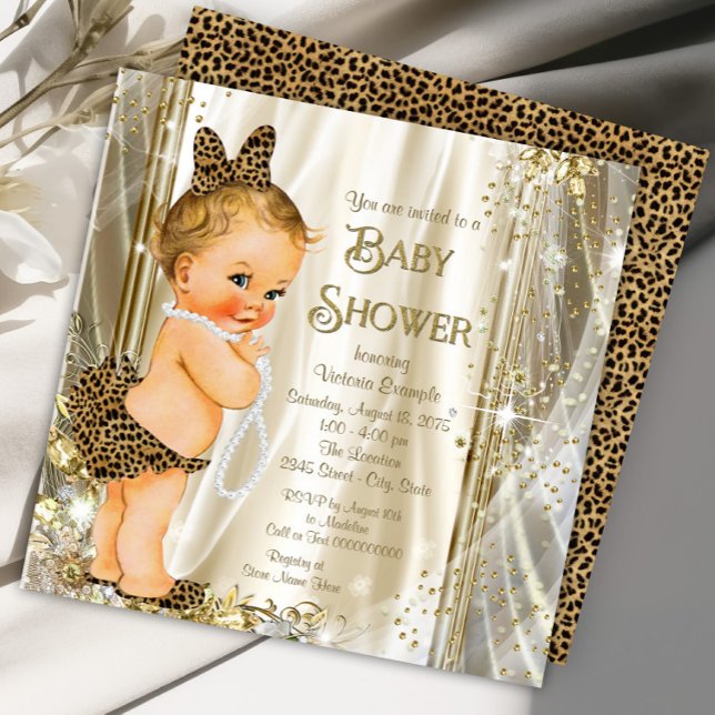 Convite Chá de Bebê Fofo e Glamouroso de Menina com Estamp (Cute leopard baby girl shower invitation. Instant download and printed invitations available.)