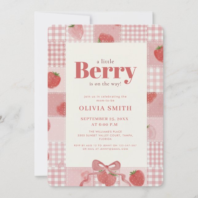 Convite Chá de Bebê Fofo Rosa Xadrez Berry Doce (Frente)