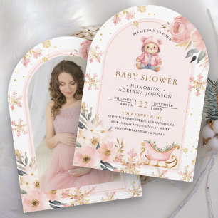 Convite Chá de Bebê Foto de Urso Teddy Floral Rosa de Inve