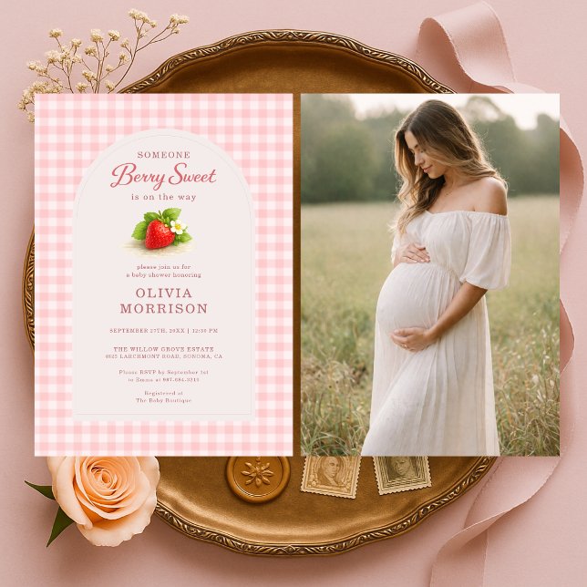Convite Chá de Bebê Foto Gingham Morango Doce (Criador carregado)