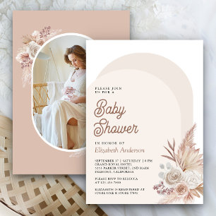 Convite Chá de Bebê Foto Pampas Floral Bege Neutro