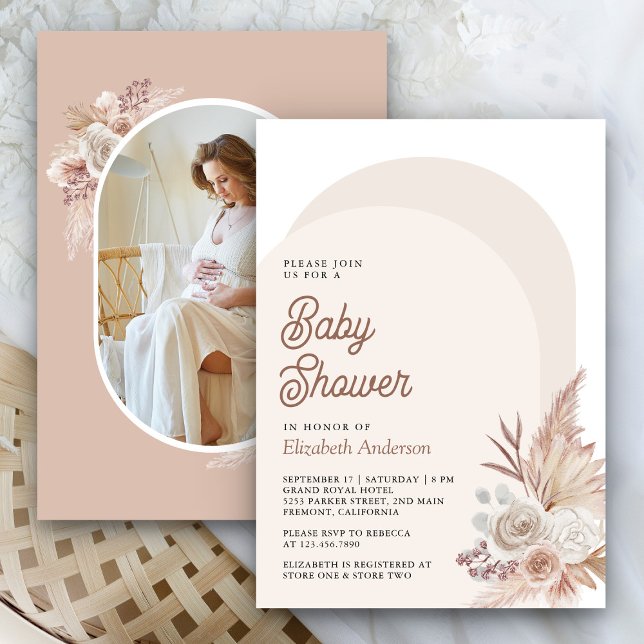 Convite Chá de Bebê Foto Pampas Floral Bege Neutro (Criador carregado)