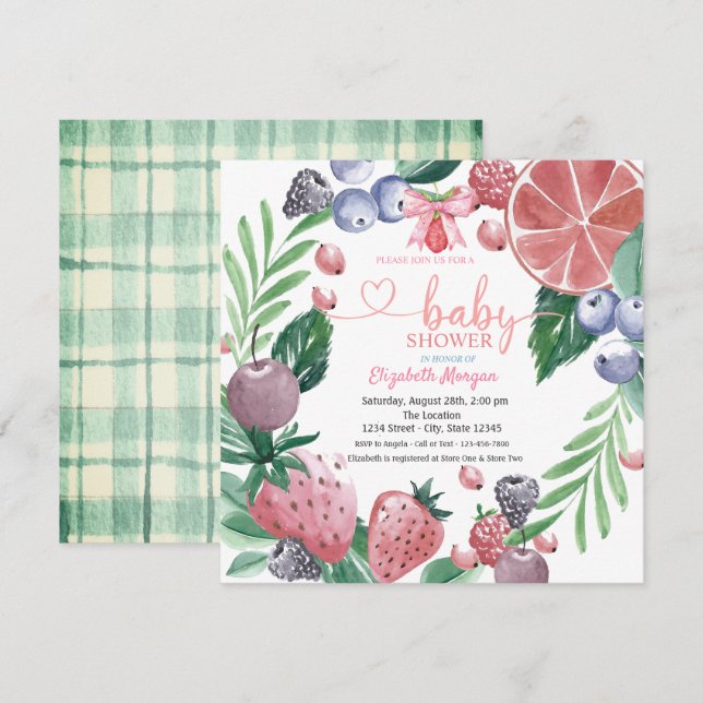 Convite Chá de Bebê Frutas em Aquarela Xadrez Doce (Frente/Verso)