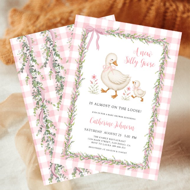 Convite Chá de Bebê Garland Silly Goose Rosa Xadrez (Criador carregado)