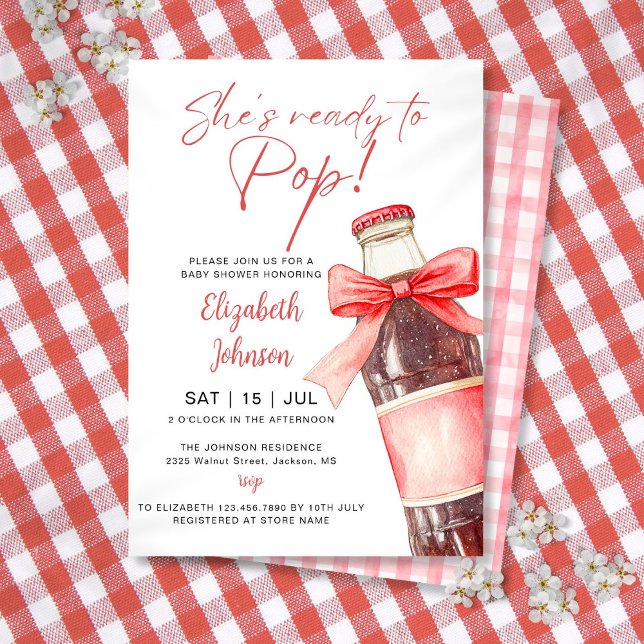 Convite Chá de Bebê Garrafa de Refrigerante Pronta para Es (Ready To Pop Soda Bottle Red Bow Baby Shower Invitation)