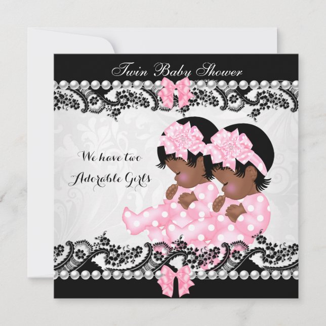Convite Chá de Bebê Gêmeas Afro-Americanas Meninas Fofo Ro (Frente)
