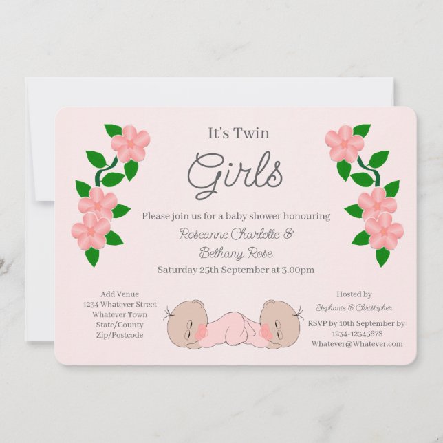 Convite Chá de Bebê Gêmeas Meninas (Frente)