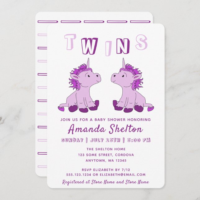 Convite Chá de Bebê Gêmeas Meninas Unicórnio Fofo Rosa (Frente/Verso)