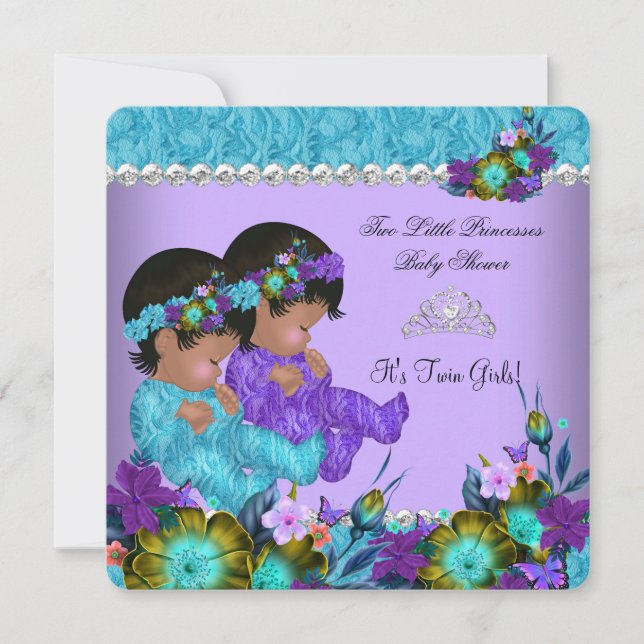 Convite Chá de Bebê Gêmeas Princesa Azul Turquesa Roxo (Frente)