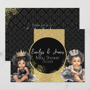 Convite Chá de Bebê Gêmeos Bebê Princesa Dourado Preto 