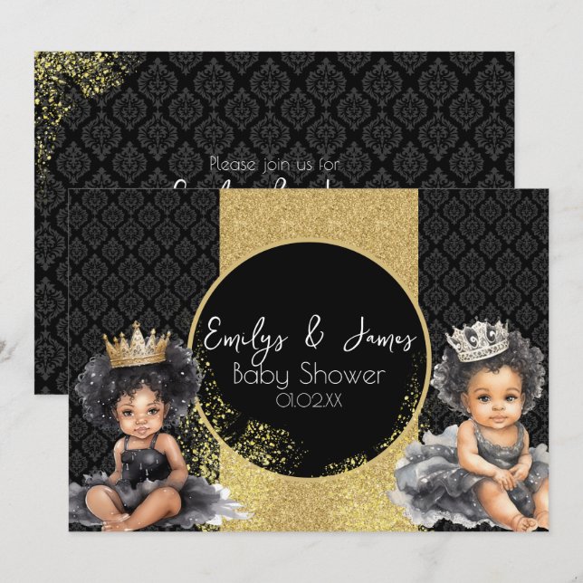 Convite Chá de Bebê Gêmeos Bebê Princesa Dourado Preto  (Frente/Verso)
