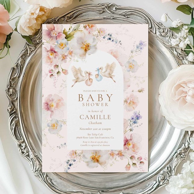 Convite Chá de Bebê Gêmeos Menino e Menina com Flor Silves (Wildflower Stork Twins Girl and Boy Baby Shower Invitation)