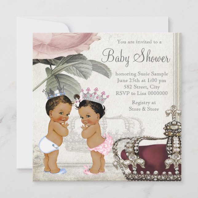 Convite Chá de Bebê Gêmeos Príncipe e Princesa Étnicos (Frente)