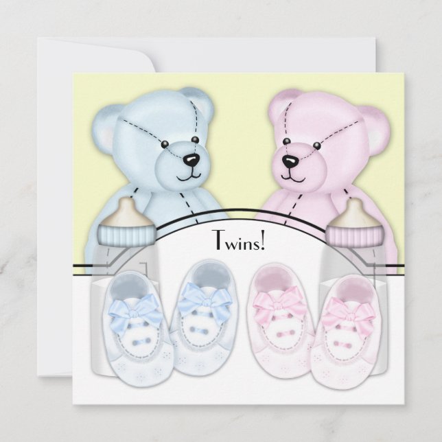 Convite Chá de Bebê Gêmeos Urso de Pelúcia Rosa Azul (Frente)