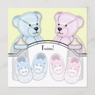 Convite Chá de Bebê Gêmeos Urso de Pelúcia Rosa Azul