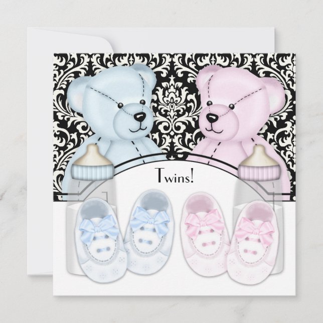 Convite Chá de Bebê Gêmeos Urso Teddy Rosa Azul Damask Pre (Frente)