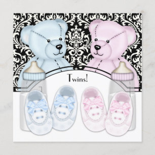 Convite Chá de Bebê Gêmeos Urso Teddy Rosa Azul Damask Pre