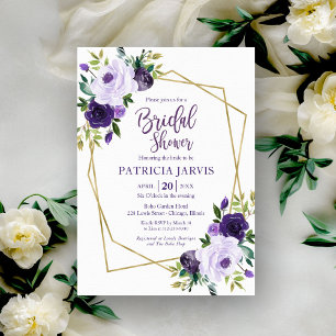 Convite Chá de Bebê Geométrico Dourado Floral Roxo