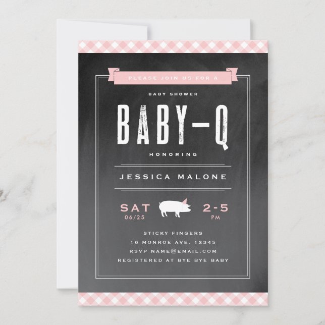 Convite Chá de Bebê Gingham Baby BBQ Rosa (Frente)