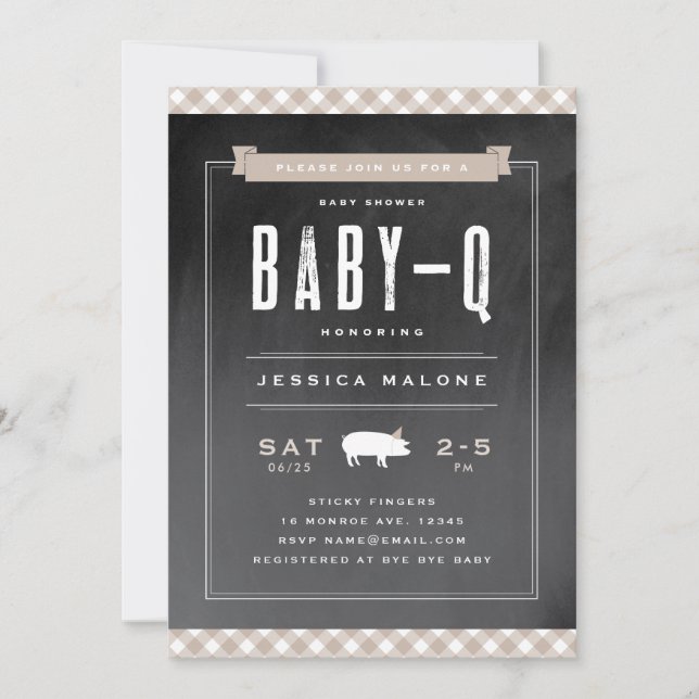 Convite Chá de Bebê Gingham BBQ Neutro Bege (Frente)