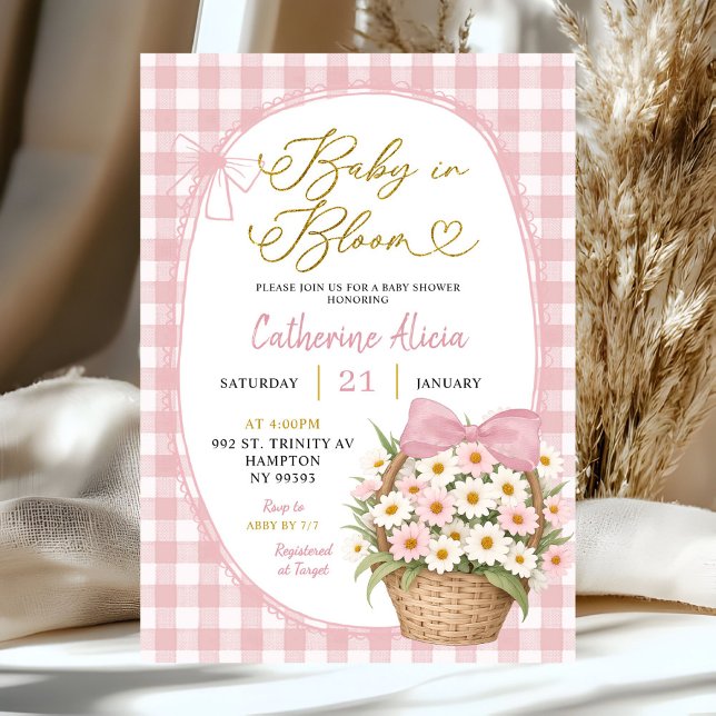 Convite Chá de Bebê Gingham Coquette Daisy Baby in Bloom (Criador carregado)