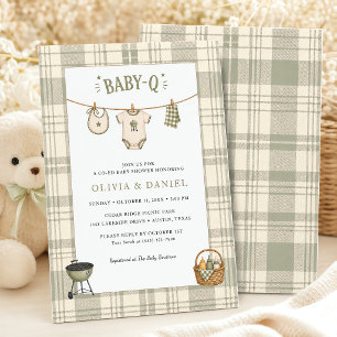 Convite Chá de Bebê Gingham Verde Salvia Churrasco Rústico