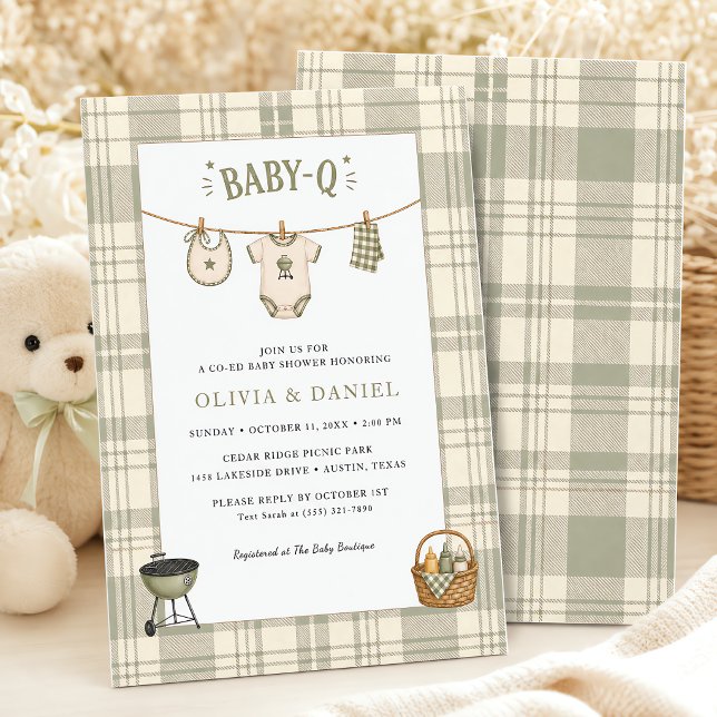 Convite Chá de Bebê Gingham Verde Salvia Churrasco Rústico (Sage Green Gingham Baby Shower Rustic BBQ Invitation)