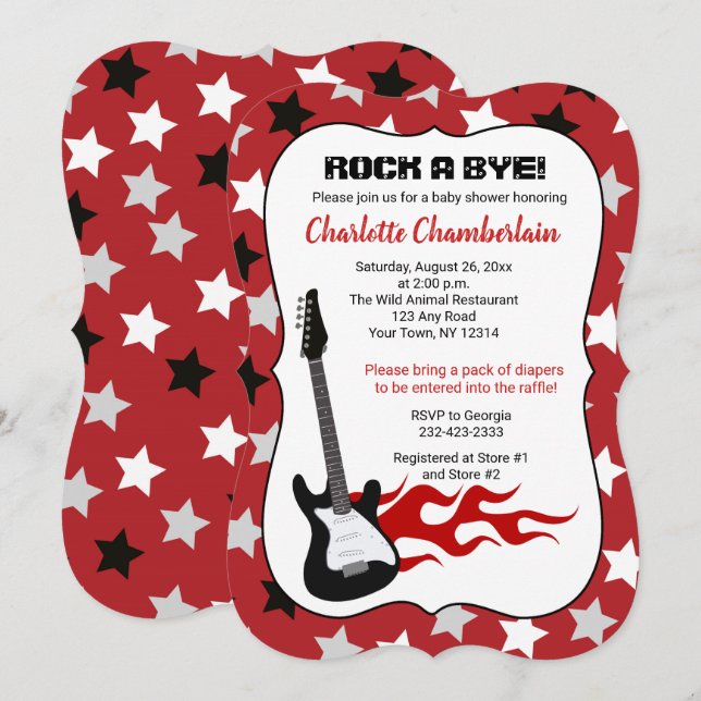 Convite Chá de Bebê Guitarrista de Rock Vermelho Até Dormi (Frente/Verso)