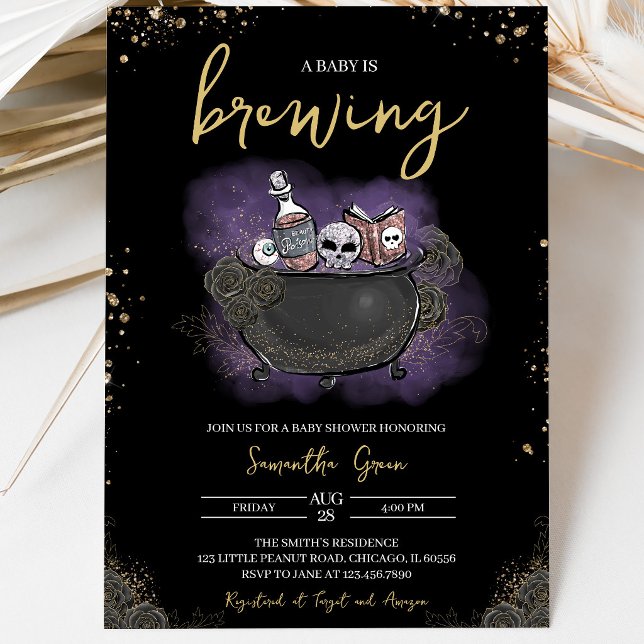 Convite Chá de Bebê Halloween Gótico Dourado Roxo (Criador carregado)