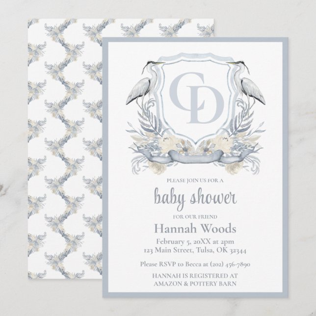 Convite Chá de Bebê Heron Interlocking Monogram (Frente/Verso)