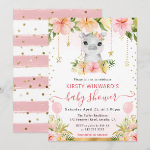 Convite Chá de Bebê Hipopótamo Floral em Aquarela na Selva