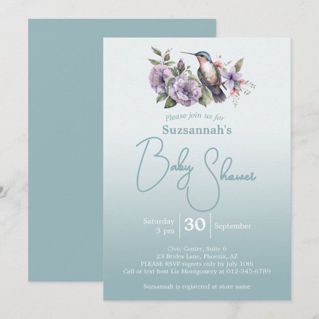 Convite Chá de Bebê Humming Bird Aqua Ombre  (Frente/Verso)