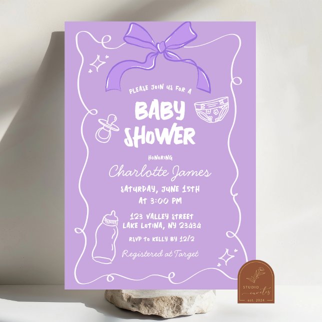 Convite Chá de Bebê Ilustrado Excêntrico com Laço Roxo (Criador carregado)