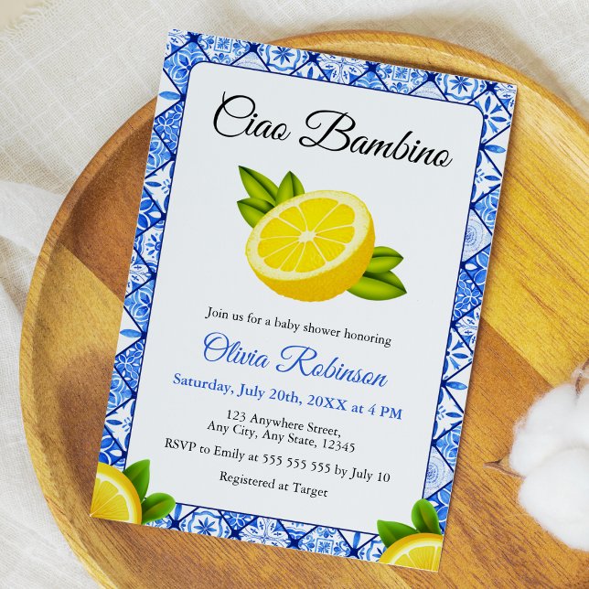 Convite Chá de Bebê Italian Blue Tile Ciao Bambino  (Blue Tile Mediterranean Italian Ciao Bambino Baby Shower Invitation   )