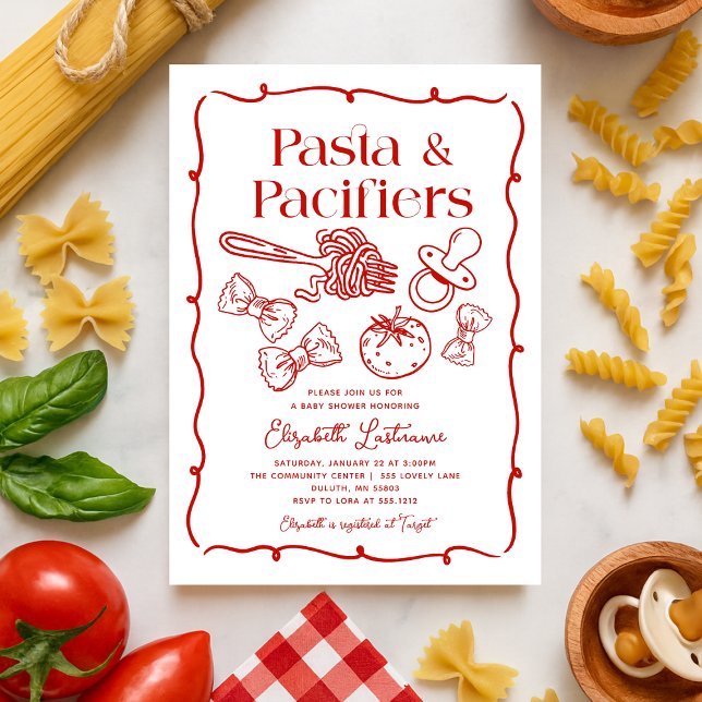 Convite Chá de Bebê Italiano Desenhado à Mão com Massa & C (Pasta & Pacifiers Red Hand Drawn Pasta Baby Shower Invitation)