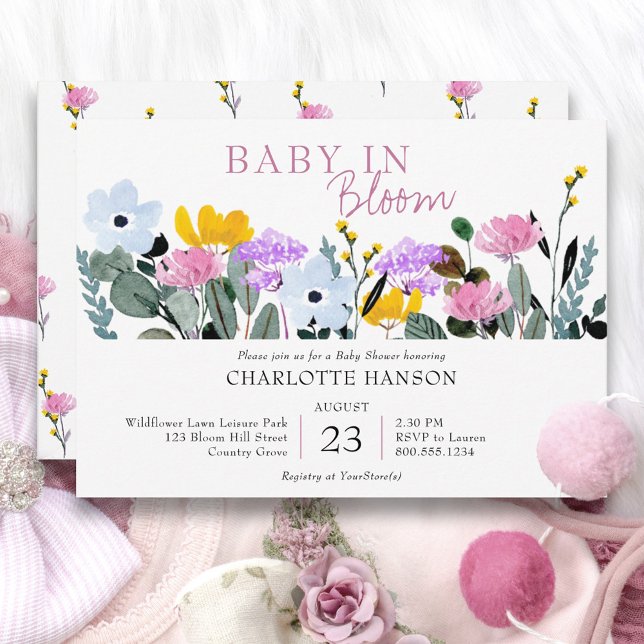 Convite Chá de Bebê Jardim de Flores Selvagens Baby in Blo (Baby in Bloom baby shower invitation from my Wildflower Lawn collection)